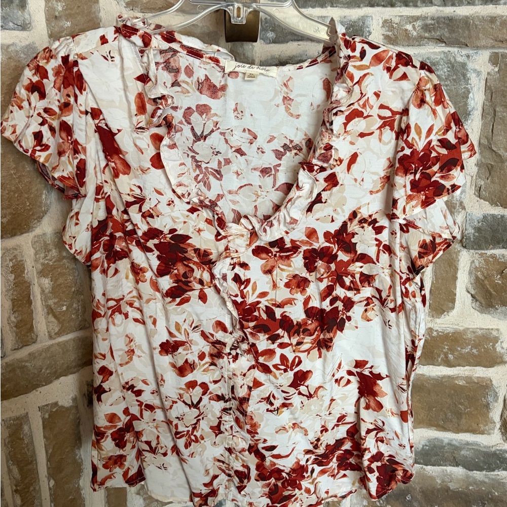 Joie de vivre  Floral Ruffle V-Neck Women's Top - Burnt Red Floral XL new